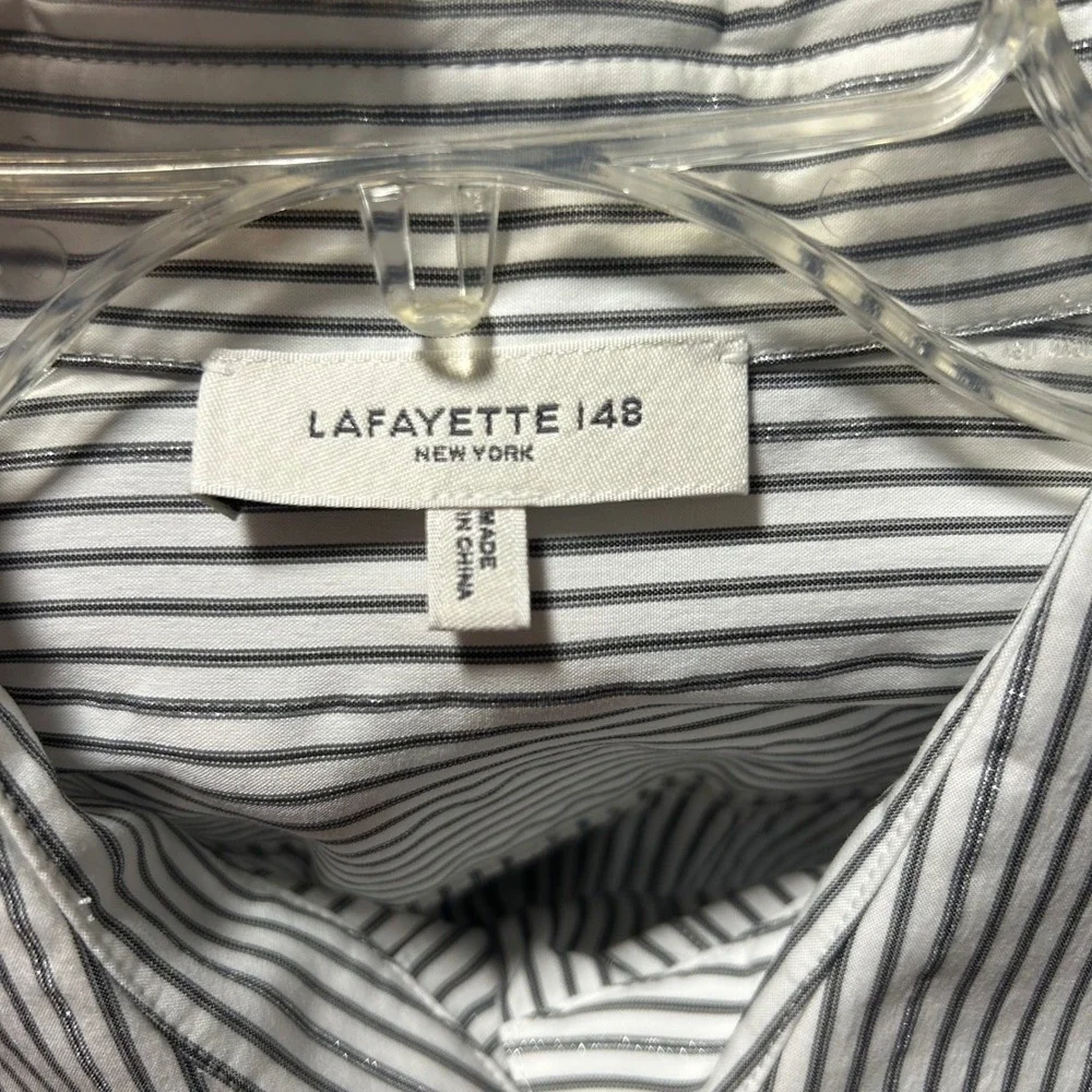 Lafayette 148 New York Striped Metallic Sparkle Cotton Blouse Shirt Large #1R63 - Picture 8 of 9